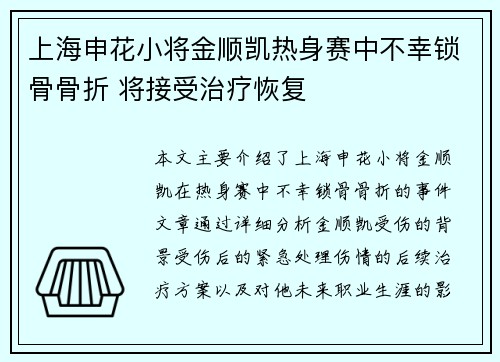 上海申花小将金顺凯热身赛中不幸锁骨骨折 将接受治疗恢复