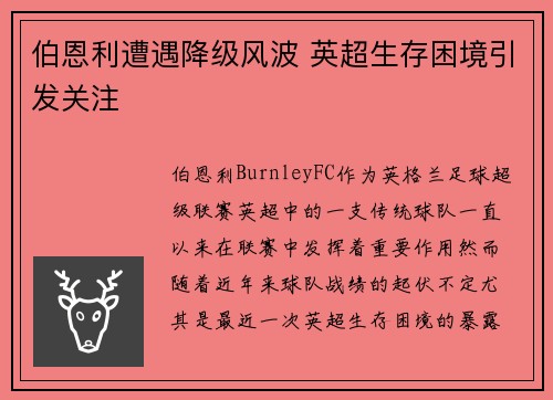 伯恩利遭遇降级风波 英超生存困境引发关注